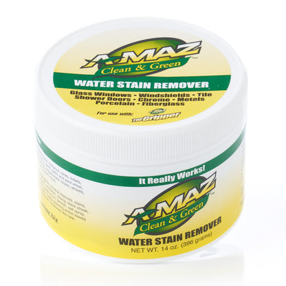 A-MAZ Water Stain Remover paste, 14 oz jar, for hard water stains on glass and shower doors