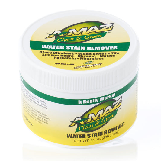 A-MAZ Water Stain Remover paste, 14 oz jar, for hard water stains on glass and shower doors