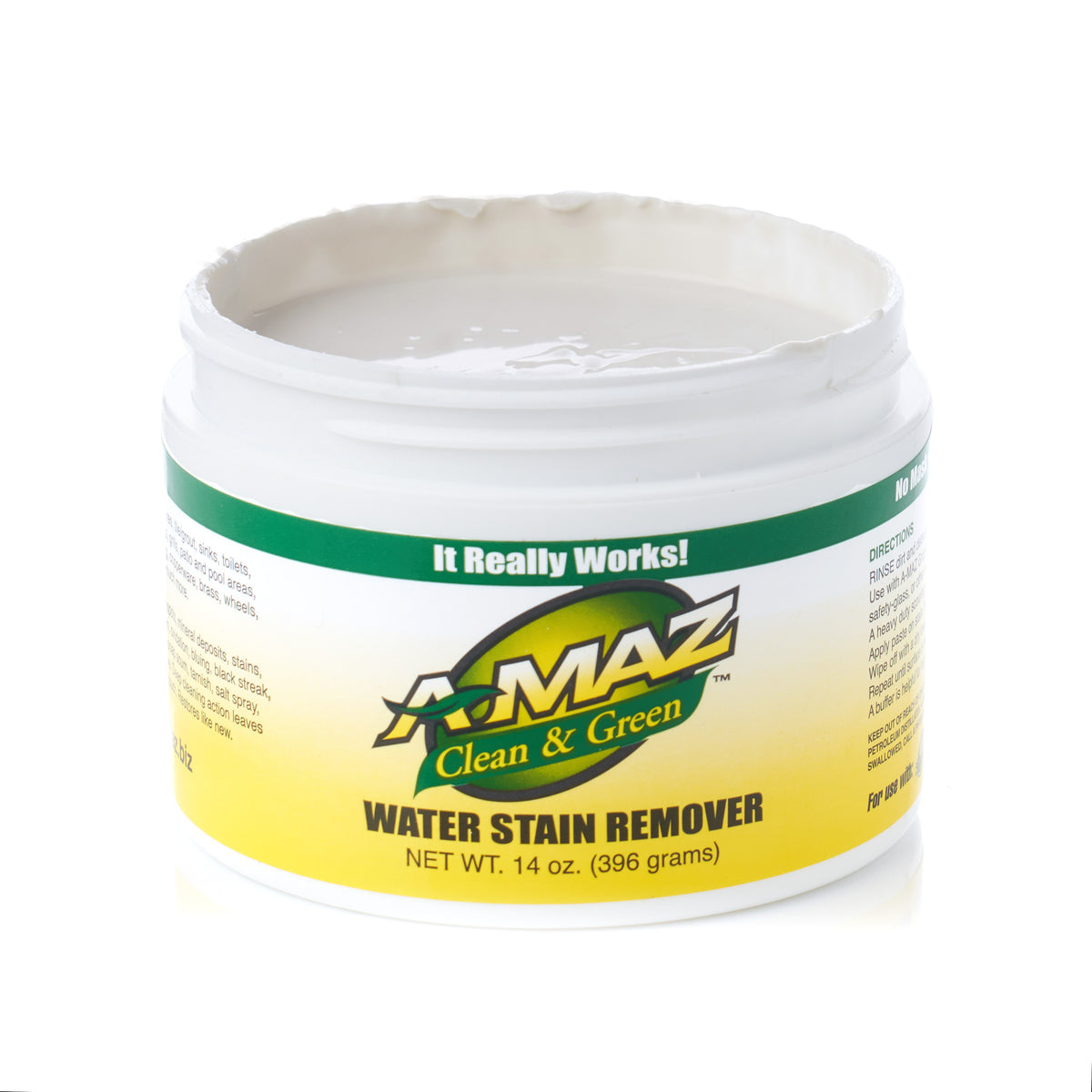 A-MAZ Water Stain Remover jar with lid off showing the cleaning paste