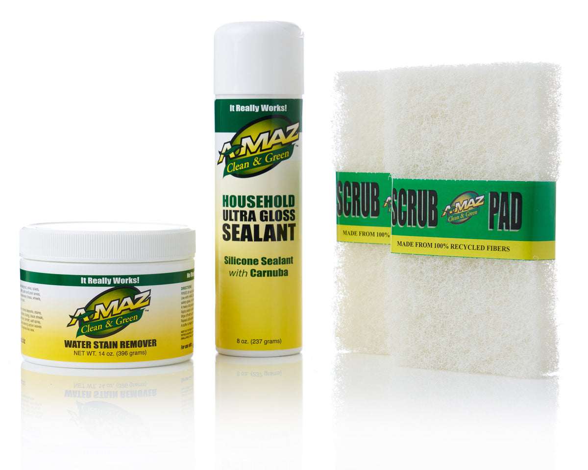 A-MAZ Shower Restoration Kit: Water Stain Remover, Ultra Gloss Sealant and two scrubber pads